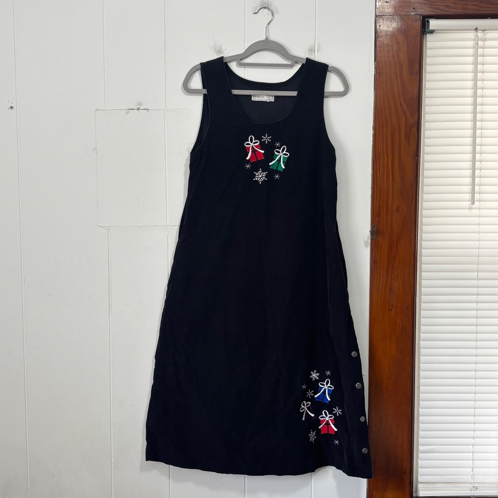 Mandal Bay Black Corduroy Midi Dress Embroidered Christmas Large‎